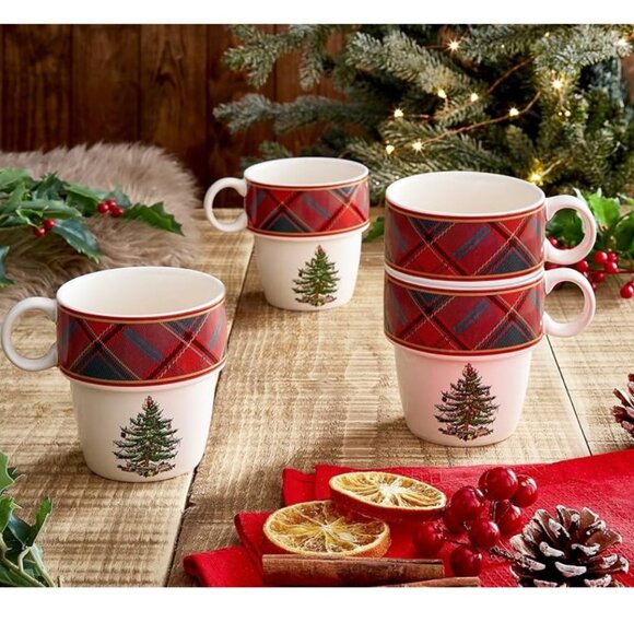 Spode Christmas Tree Tartan Stacking Mugs Set of 4 NEW WITH BOX - Picture 2 of 7
